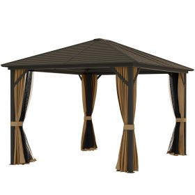 Outsunny 10' x 12' Hard Roof Gazebo with Curtains and Netting, Gazebo with Aluminum Frame and Hooks, Coffee