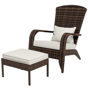 Outsunny Patio Wicker Adirondack Chair with Ottoman, Cream White Cushions, High-Back & Large Seat, Outdoor Fire Pit Chair, Deck, Garden, Backyard