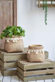 Set of 2 6.5x6.5x6" Brown Cement Planter with Woven Tassel Accent