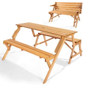 VEVOR 2-in-1 Transforming Interchangeable Picnic Table, Outdoor Wooden Table and Bench Set, Portable Foldable Bench with Umbrella Hole, Patio Dining F