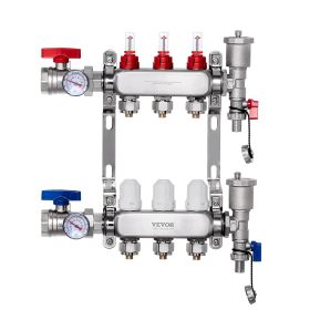 VEVOR 3-Branch Radiant Heat Manifold, 1/2" PEX Tubing Manifold, Stainless Steel PEX Manifold for Hydronic Radiant Floor Heating, Radiant Heat PEX Mani