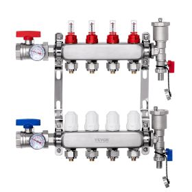 VEVOR 4-Branch Radiant Heat Manifold, 1/2" PEX Tubing Manifold, Stainless Steel PEX Manifold for Hydronic Radiant Floor Heating, Radiant Heat PEX Mani