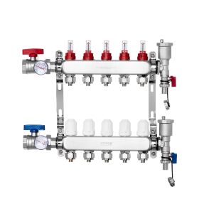 VEVOR 5-Branch Radiant Heat Manifold, 1/2" PEX Tubing Manifold, Stainless Steel PEX Manifold for Hydronic Radiant Floor Heating, Radiant Heat PEX Mani