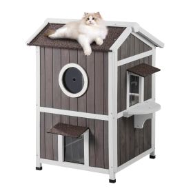 VEVOR Outdoor Cat House Weatherproof, Feral Cat Shelter for Multiple Cats, 2-story Large Outdoor Wooden Cat House with Doors, PVC Door Flaps, A Clear