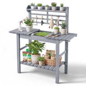 VEVOR Potting Bench Table, Outdoor Gardening Workstation with Sink, 37-55in Adjustable Wood Tabletop, Garden Work Station with Storage Shelves, Hooks