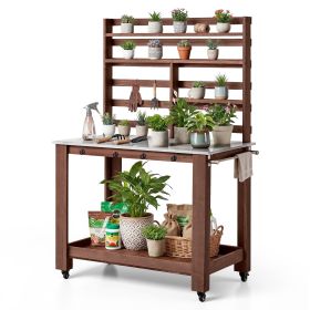 VEVOR Potting Bench Table, Outdoor Gardening Workstation with 45 x 26 in Stainless Steel Tabletop, Storage Shelves, 4 Casters, Hooks, Garden Planting