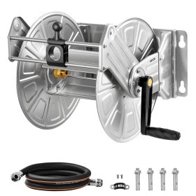 VEVOR Wall Mounted Garden Hose Reel, Holds 150 ft 5/8-inch Water Hose Winder, Heavy-Duty Stainless Steel, Outdoor Manual Reel with Brass Fitting & Hos
