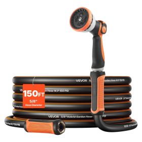 VEVOR Garden Hose, 150 ft 5/8" Heavy Duty Rubber Water Hose with 10 Mode Nozzle, 150PSI Working & 600PSI Burst, Flexible & Non-kink Outdoor Waterhose