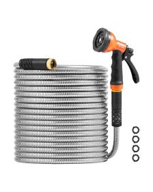 VEVOR Metal Garden Hose 100 ft, Rust Proof Stainless Steel Water Hose, Heavy Duty Backyard Hose with 10 Function Nozzle, No-Kink & Flexible Water Pipe