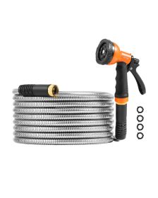 VEVOR Metal Garden Hose 25 ft, Rust Proof Stainless Steel Water Hose, Heavy Duty Backyard Hose with 10 Function Nozzle, No-Kink & Flexible Water Pipe,