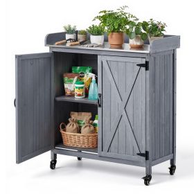 VEVOR Potting Bench Table, Outdoor Gardening Wooden Storage Cabinet with 36 x 16 in Galvanized Iron Tabletop, Garden Planting Workstation with Large S