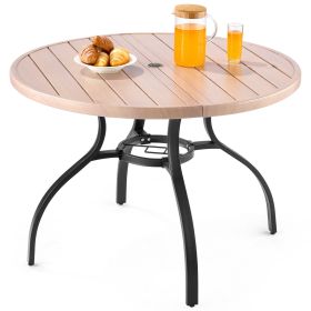 VEVOR Outdoor Patio Dining Table, 41 inch Round Wood-Like Steel Slat Backyard Bistro Coffee Tables for 4, with 1.5 in Umbrella Hole, Outside All-Weath