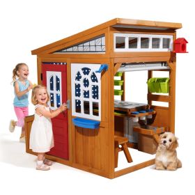 VEVOR Outdoor Playhouse, Cedar Wooden Kids Playhouse with Bird Nest, Doorbell, Trash Bin, Gravity Wall Set, Storage Pocket, Windowsill, Wooden Kids Co
