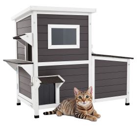 VEVOR Outdoor Cat House, 2-Story Wooden Cat Shelter for 3 Outside Cats in Winter, Elevated Feral Kitty Shelter with Stairs, Clear Window & Flap Doors,
