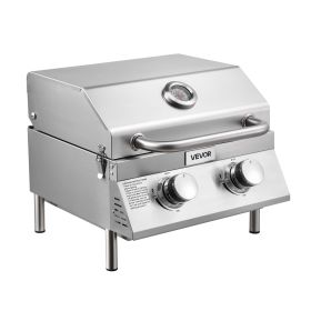 VEVOR Tabletop Gas Grill, 2-Burner Stainless Steel Portable Propane Grill, with Built-in Thermometer, Travel Locks, Weatherproof Lid, 15,000 BTU Total