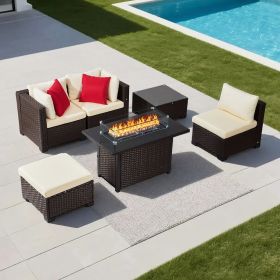 VEVOR 6-Piece Outdoor Patio Furniture Set, Wicker Rattan Outdoor Sectional Conversation Set with 50000BTU Propane Fire Pit Table, Cushioned Sofas, Cof