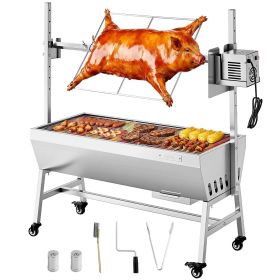 VEVOR Rotisserie Grill, 38W BBQ Outdoor Pig & Lamb Spit Roaster, Charcoal Spit Roaster with 132 LBS Capacity, Wheels & 7-Level Height, Stainless Steel