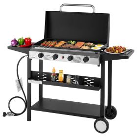 VEVOR Gas Griddle, 4-Burner Flat Top Grill, 29 inch Grill Plate Propane Griddle with Wheels, Lid, 28000 BTU Outdoor Flat Top Grills for Pan-Frying, Gr