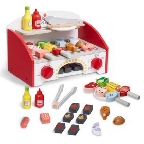 VEVOR Kids BBQ Grill Playset, Wooden Grill Playset With Realistic Carbon Fire, Wooden Play Food Kitchen Accessory (26 PCS), Indoor/Outdoor Interactive