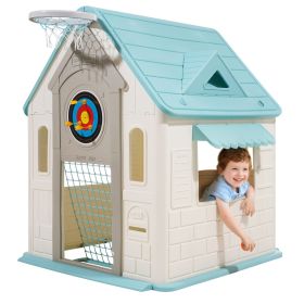 VEVOR Outdoor Playhouse, 5-In-1 Cottage Play House with Pretend Play, Basketball, Darts, Soccer, Ring Toss, Window & Convenient Door, Toddler Slide Se