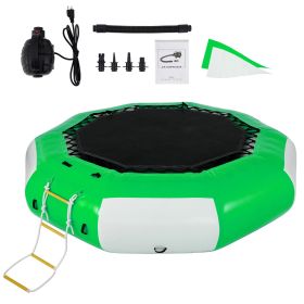 VEVOR Inflatable Water Trampoline, 13ft Recreational Water Bouncer with Escalator, Round Inflatable Water Trampoline in Green and White, Floating Tram
