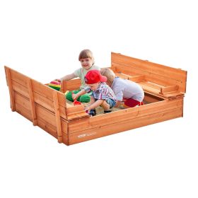 VEVOR Wooden Sandbox, 52.4 x 47.2 x 16.9 in Sand Box, Sand Pit with Foldable Bench Seats and Bottom Liner, Natural Wood Kids Sandbox for Outdoor Backy