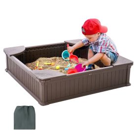 VEVOR Sandbox with Cover, 48.6x48.6x12.4 in Square Sand Box, HDPE Sand Pit with 4 Corner Seating and Bottom Liner, Kids Sandbox for Outdoor Backyard,