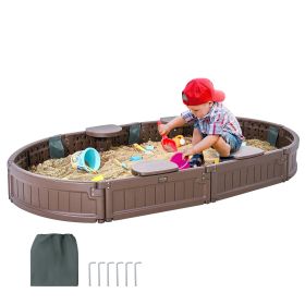 VEVOR Sandbox with Cover, 72 x 41.5 x 9.1 in Oval Sand Box, HDPE Sand Pit with 4 Corner Seating and Bottom Liner, Kids Sandbox for Outdoor Backyard, B