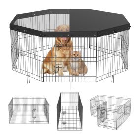 VEVOR Dog Playpen, 8 Panels Foldable Metal Dog Exercise Pen with Top Cover, 24" H Pet Fence Puppy Crate Kennel with Ground Stakes, Indoor Outdoor Dog