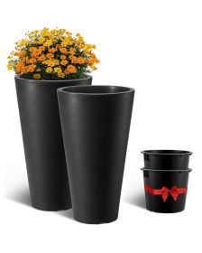 VEVOR Set of 2 Tall Planter For Outdoor Indoor Plants 24inch, Black Round Large Planters For Front Porch, Patio, Tall Taper Flower Tree Plant Pots wit